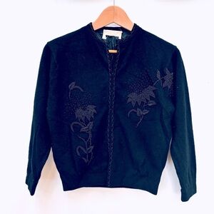 Vintage 1950's Beaded Embellished Angora Lambswool Black Cardigan 3/4 Sleeve S